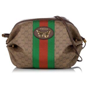 Gucci Brown Monogram Web Stripe Shoulder Bag with Butterfly Emblem
